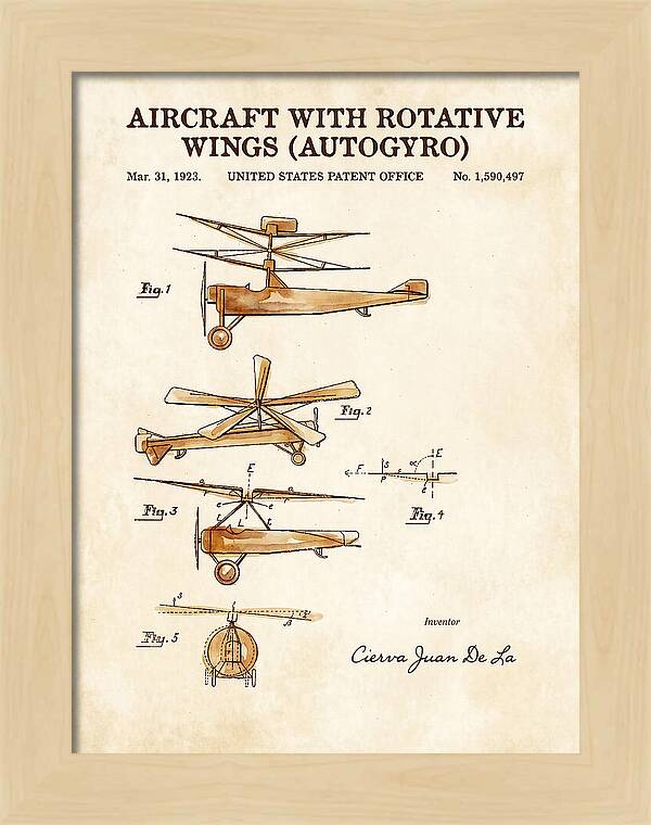 Aircraft With Rotative Wings Autogyro Watercolor Patent Us1590497