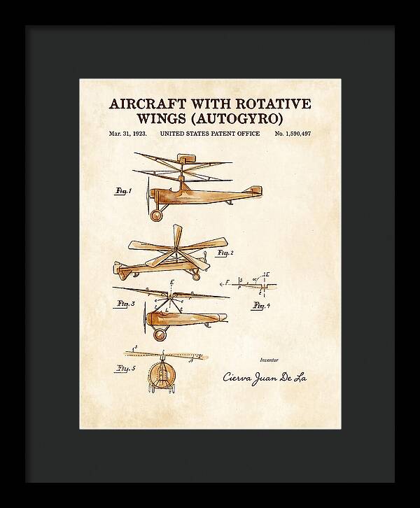 Aircraft With Rotative Wings Autogyro Watercolor Patent Us1590497