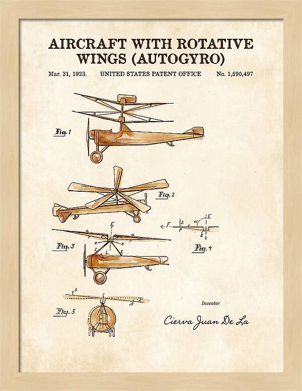 Aircraft With Rotative Wings Autogyro Watercolor Patent Us1590497