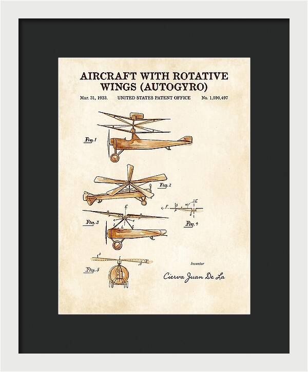 Aircraft With Rotative Wings Autogyro Watercolor Patent Us1590497