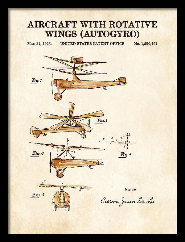 Aircraft With Rotative Wings Autogyro Watercolor Patent Us1590497