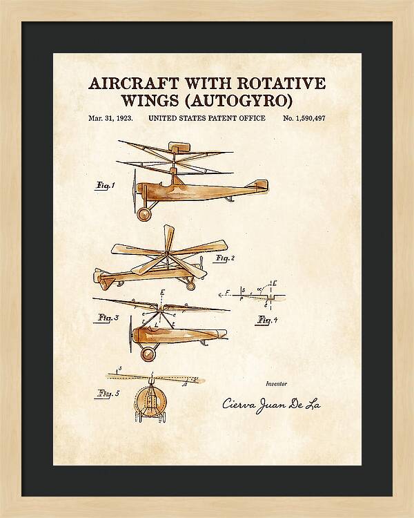 Aircraft With Rotative Wings Autogyro Watercolor Patent Us1590497