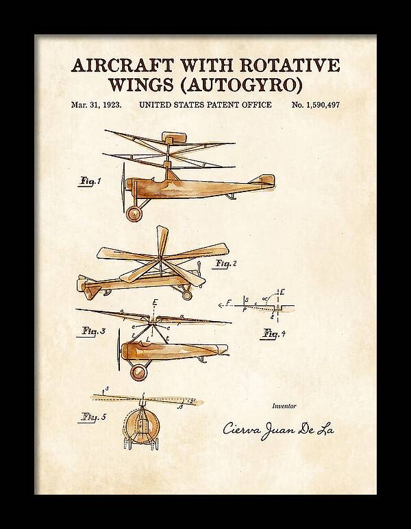 Aircraft With Rotative Wings Autogyro Watercolor Patent Us1590497