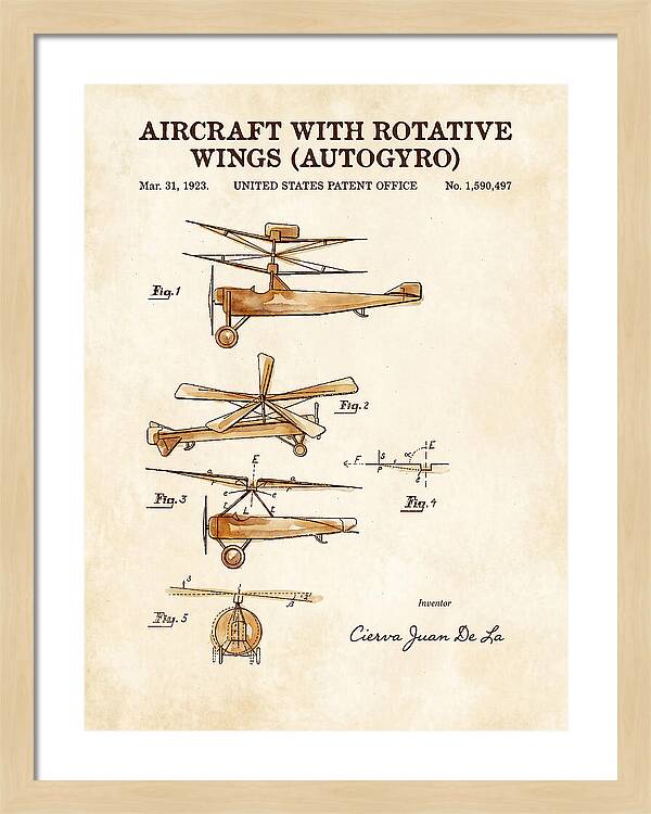 Aircraft With Rotative Wings Autogyro Watercolor Patent Us1590497