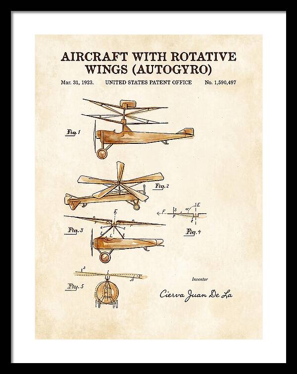 Aircraft With Rotative Wings Autogyro Watercolor Patent Us1590497