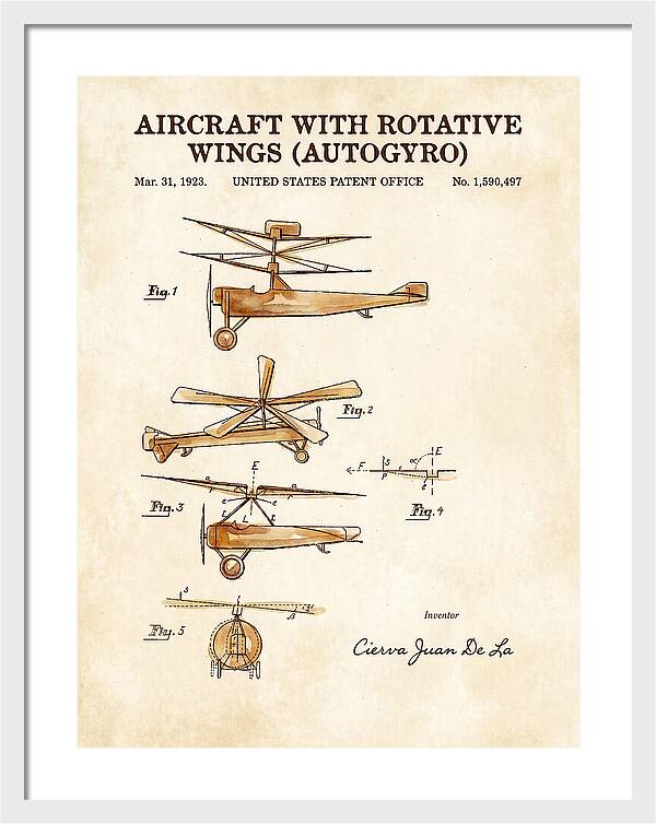 Aircraft With Rotative Wings Autogyro Watercolor Patent Us1590497