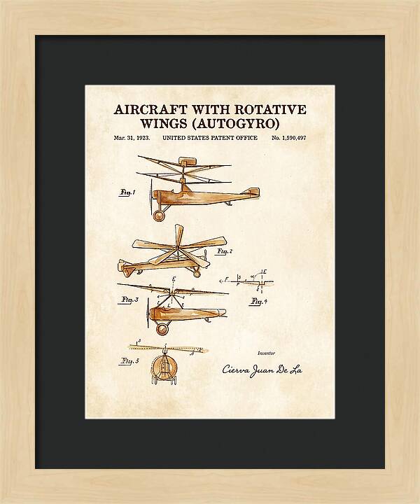 Aircraft With Rotative Wings Autogyro Watercolor Patent Us1590497