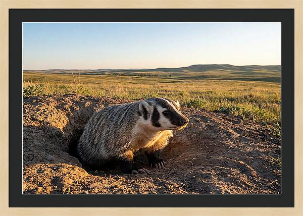 American Badger Emerging From Burrow