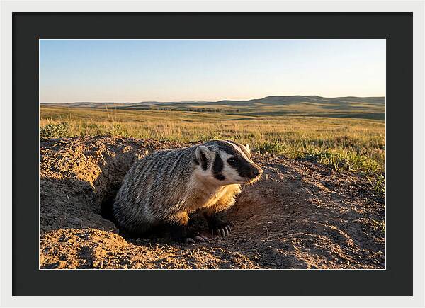 American Badger Emerging From Burrow