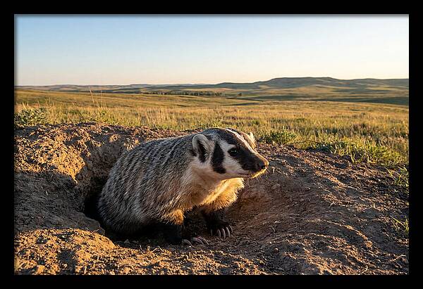 American Badger Emerging From Burrow