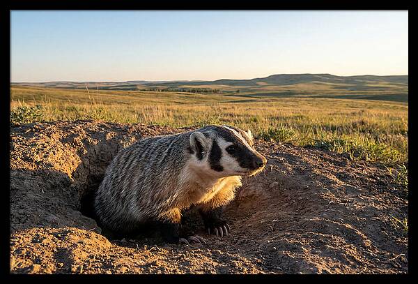 American Badger Emerging From Burrow