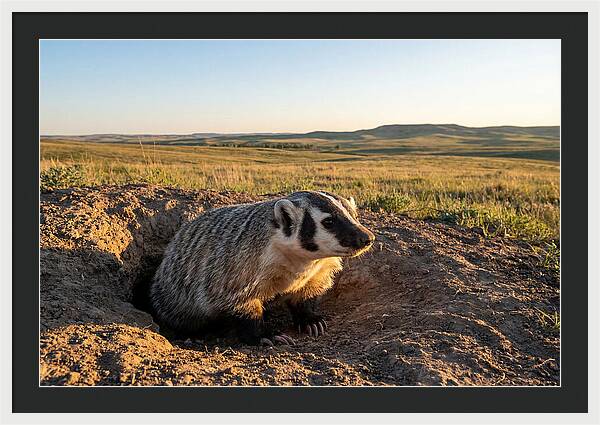 American Badger Emerging From Burrow
