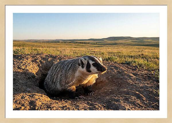American Badger Emerging From Burrow