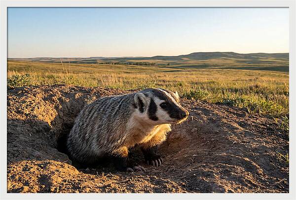 American Badger Emerging From Burrow