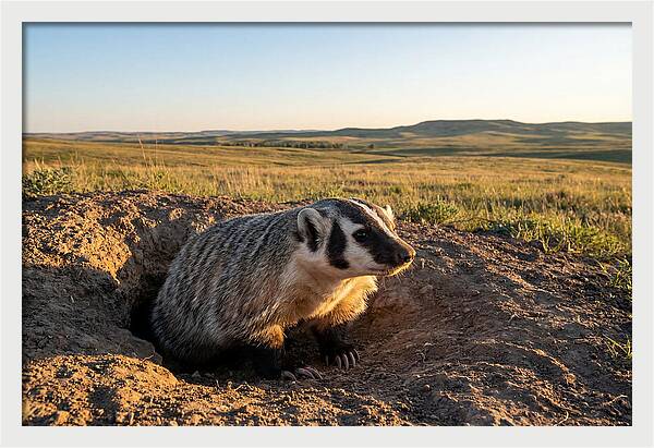 American Badger Emerging From Burrow