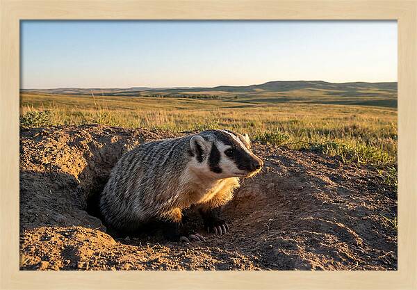American Badger Emerging From Burrow