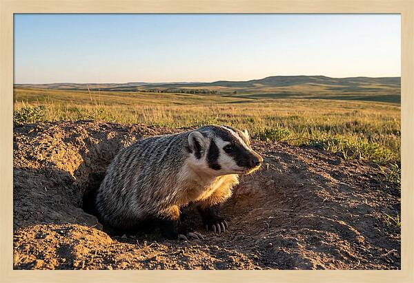 American Badger Emerging From Burrow