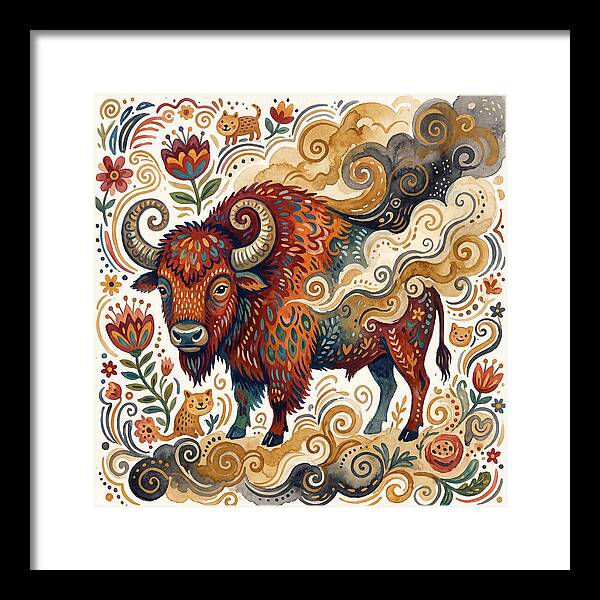American Bison In Folk Art Style