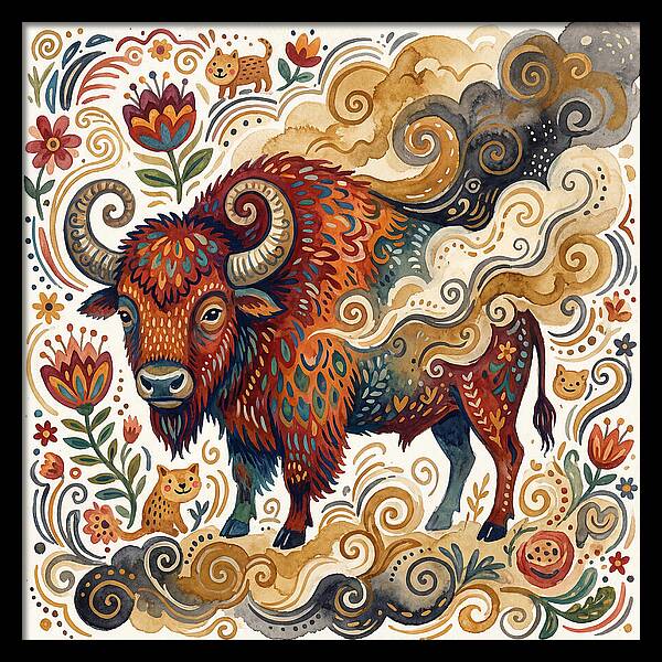American Bison In Folk Art Style