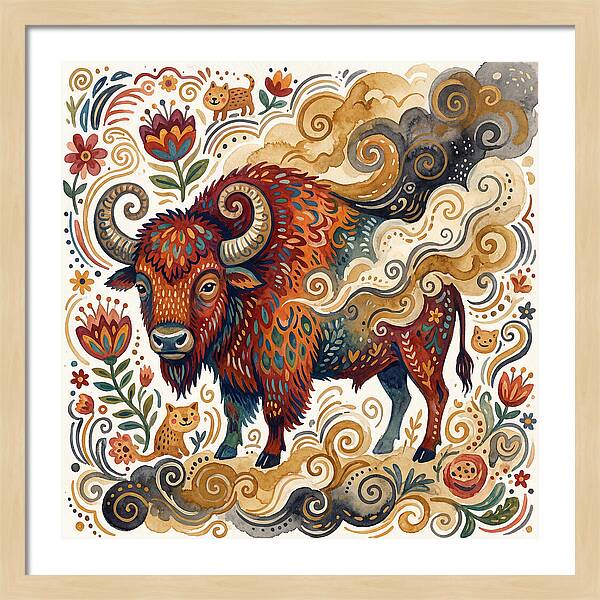 American Bison In Folk Art Style
