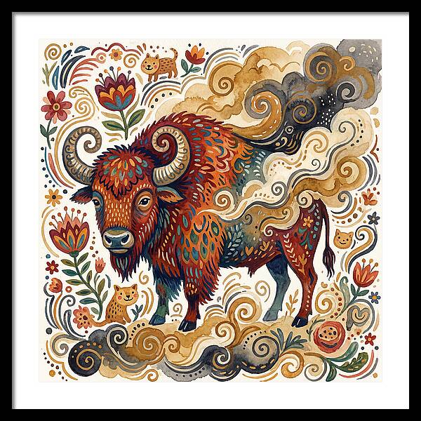 American Bison In Folk Art Style
