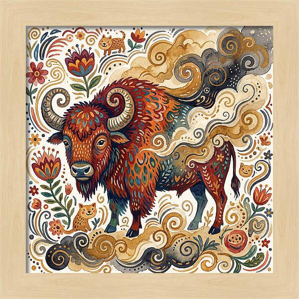 American Bison In Folk Art Style