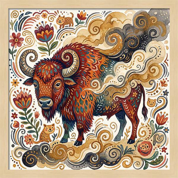 American Bison In Folk Art Style