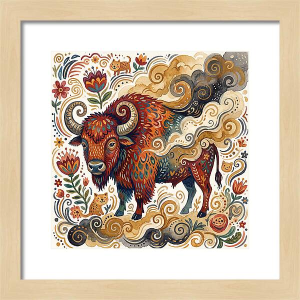 American Bison In Folk Art Style