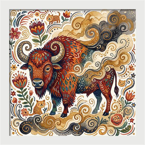 American Bison In Folk Art Style