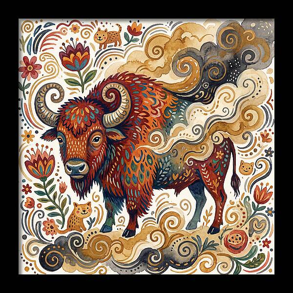 American Bison In Folk Art Style