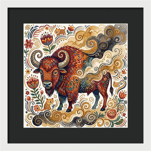 American Bison In Folk Art Style