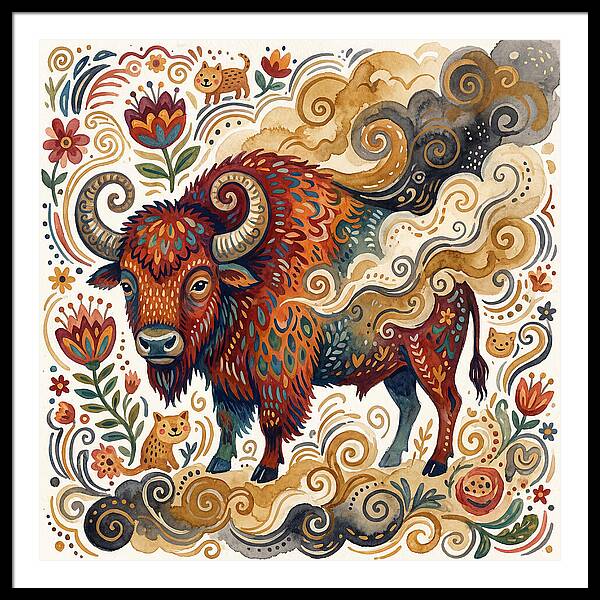 American Bison In Folk Art Style