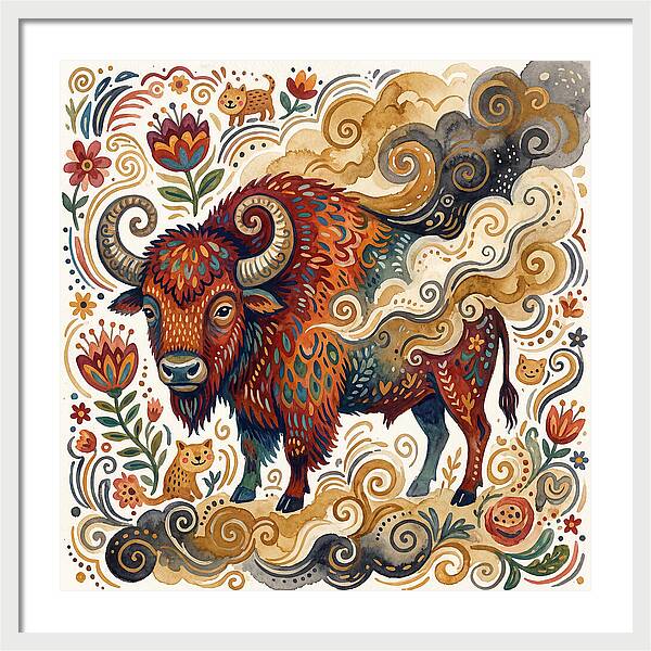 American Bison In Folk Art Style