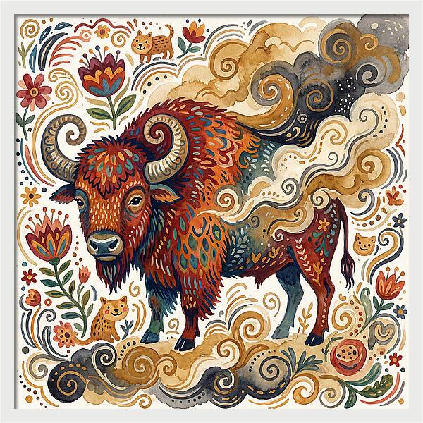 American Bison In Folk Art Style