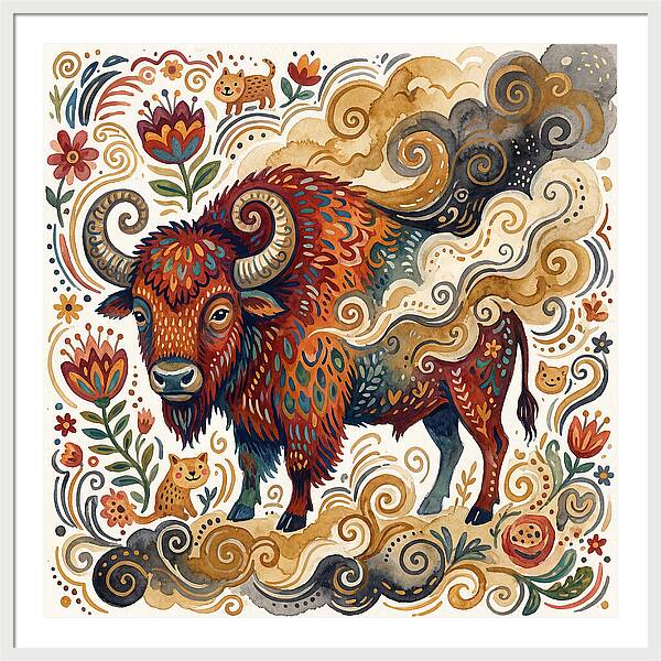 American Bison In Folk Art Style