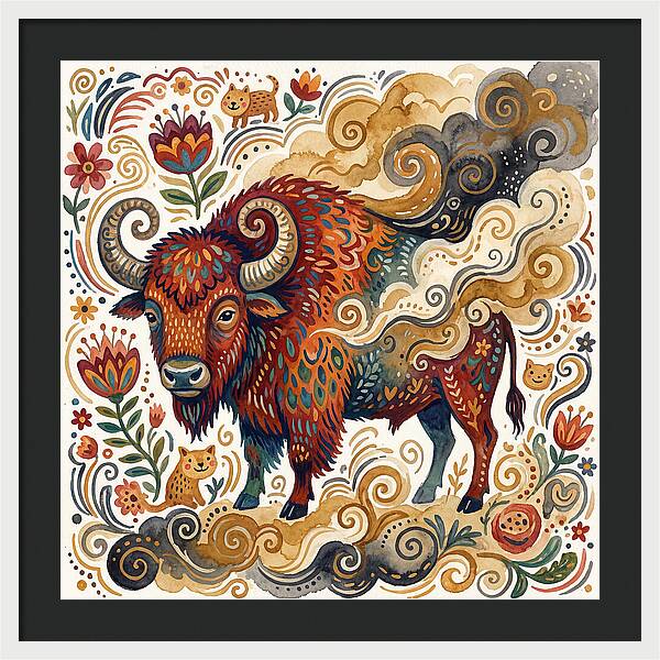 American Bison In Folk Art Style