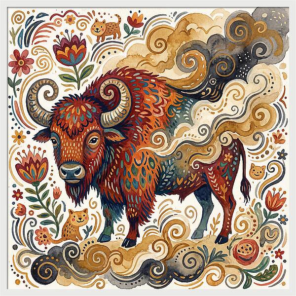 American Bison In Folk Art Style