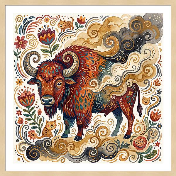 American Bison In Folk Art Style