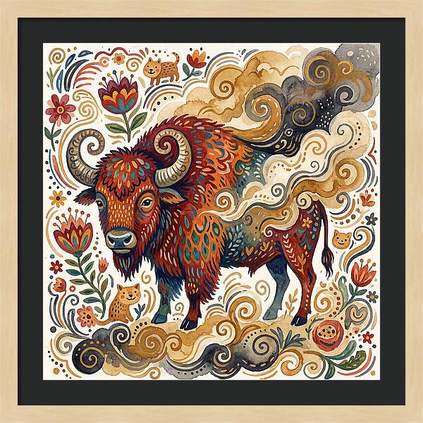 American Bison In Folk Art Style