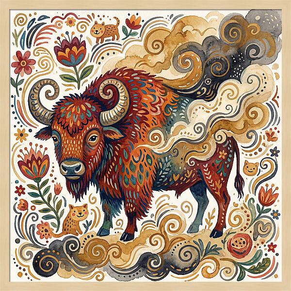 American Bison In Folk Art Style
