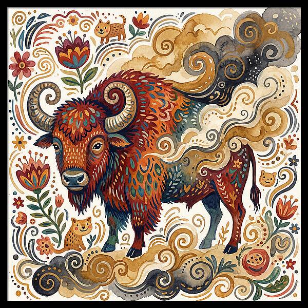 American Bison In Folk Art Style
