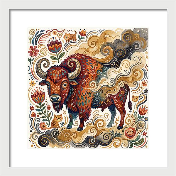 American Bison In Folk Art Style