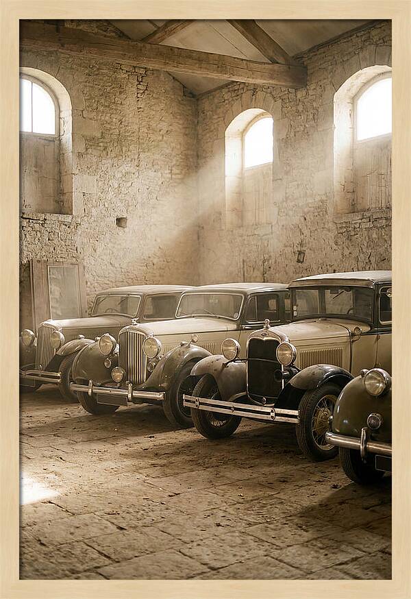 Antique Cars In Sunlit Garage