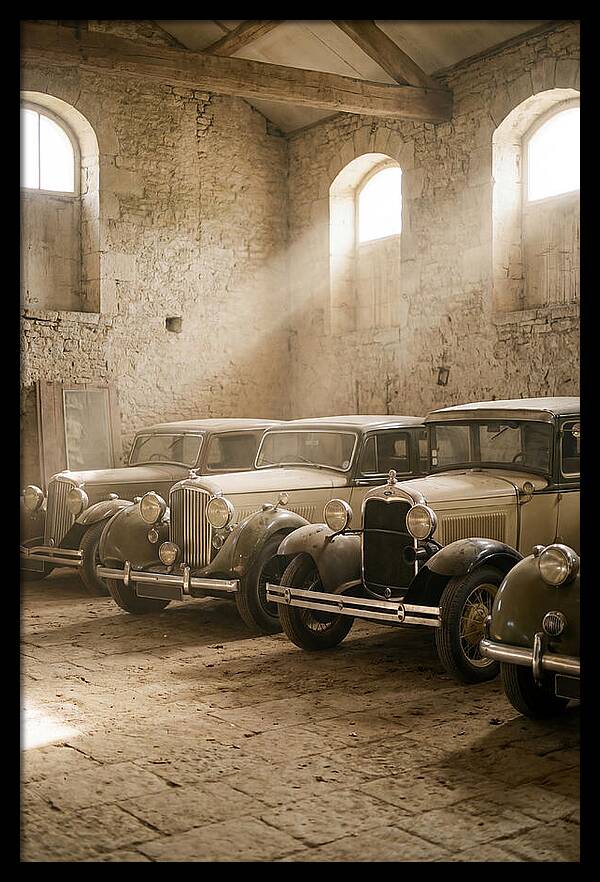 Antique Cars In Sunlit Garage