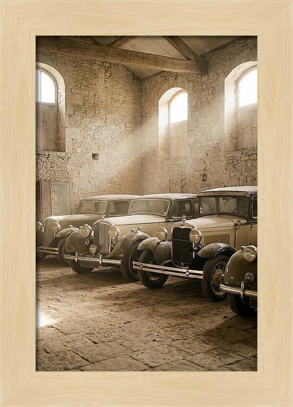 Antique Cars In Sunlit Garage