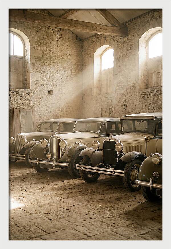 Antique Cars In Sunlit Garage