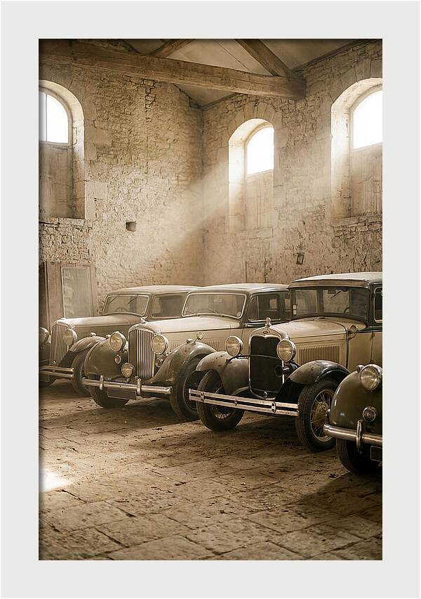 Antique Cars In Sunlit Garage