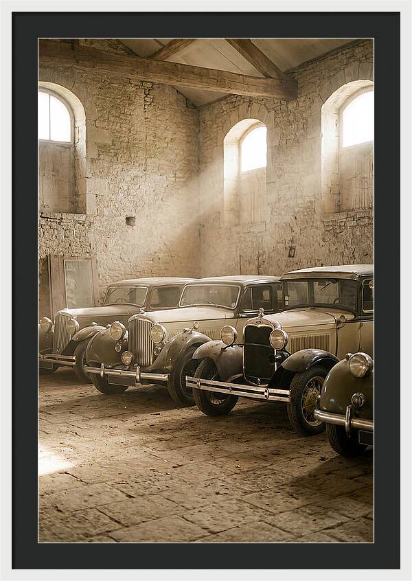 Antique Cars In Sunlit Garage