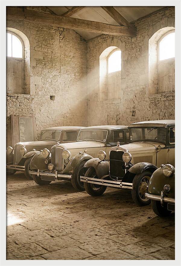 Antique Cars In Sunlit Garage