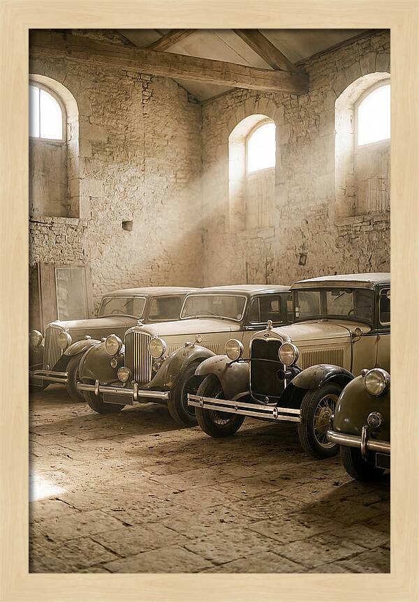 Antique Cars In Sunlit Garage